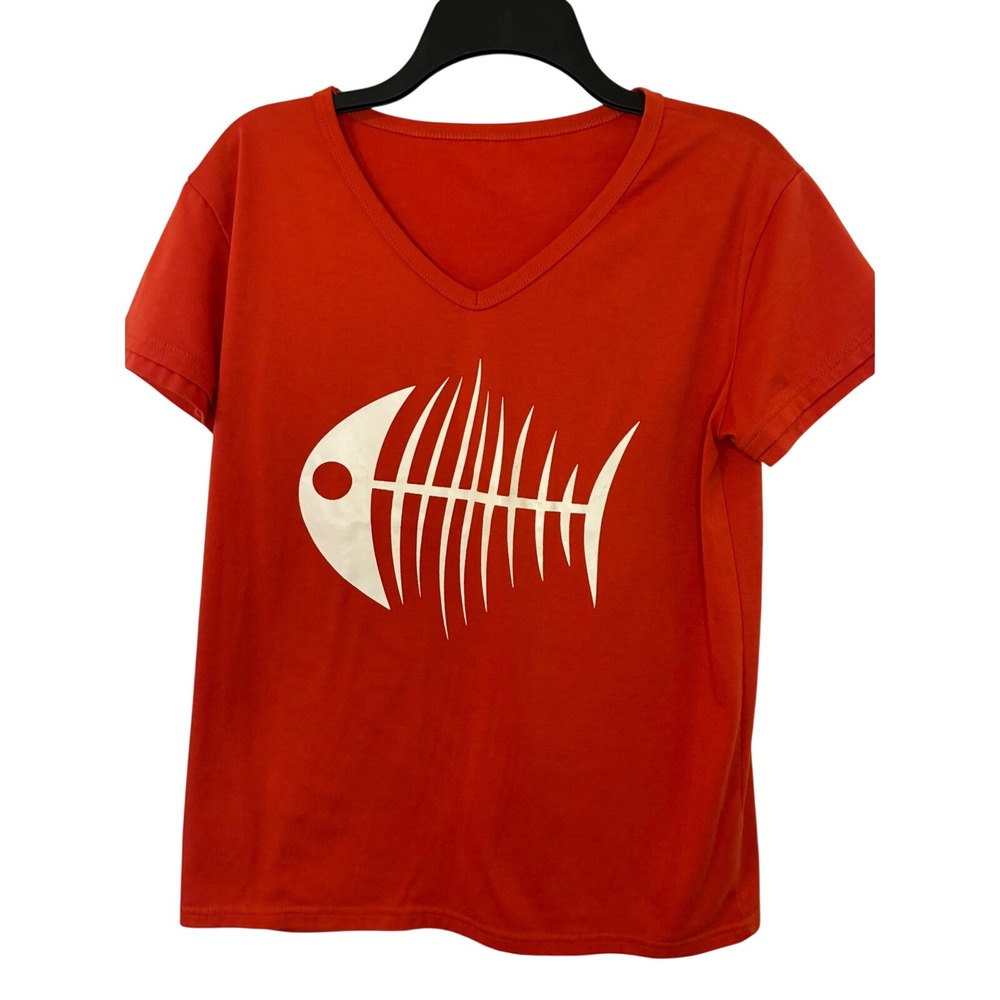 Red V-Neck Graphic T-Shirt White Fish Bone Skeleton Print Short Sleeve Tee